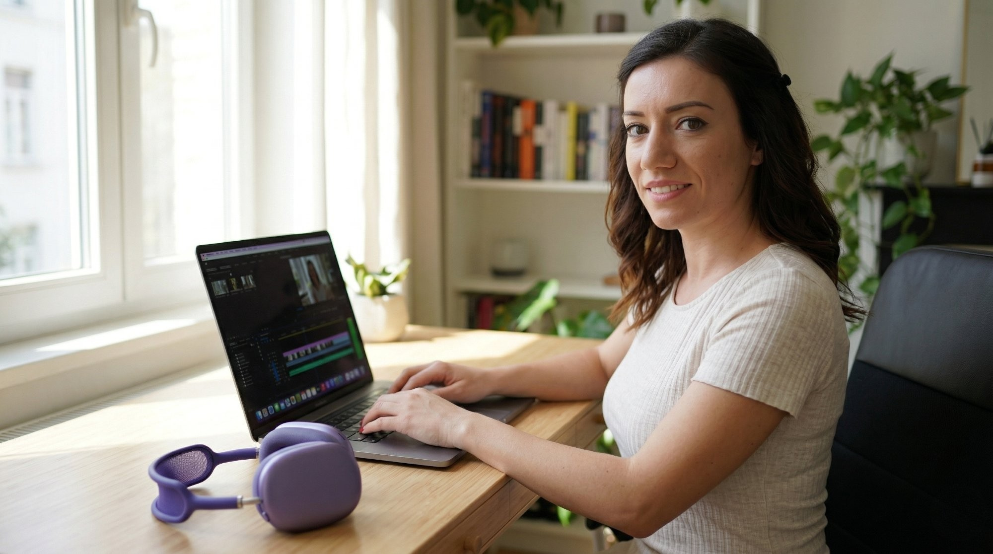 Sandra am Schreibtisch bei der Content-Produktion